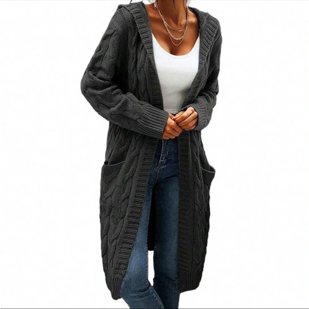 Luxe Cable Knit Long Sleeve Sweater Cardigan Open Front Pocket Hooded Hood - Picture 1 of 16